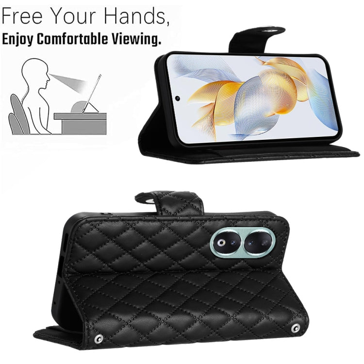 For Honor 90 Rhombic Texture Flip Leather Phone Case with Lanyard(Black)