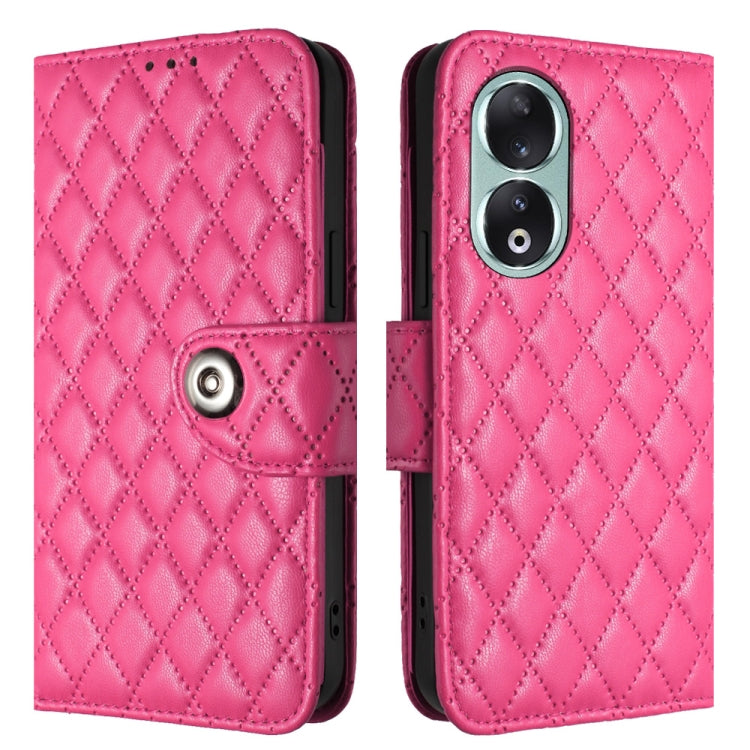 For Honor 90 Rhombic Texture Flip Leather Phone Case with Lanyard(Rose Red)