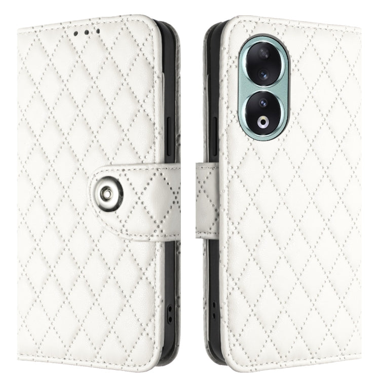 For Honor 90 Rhombic Texture Flip Leather Phone Case with Lanyard(White)