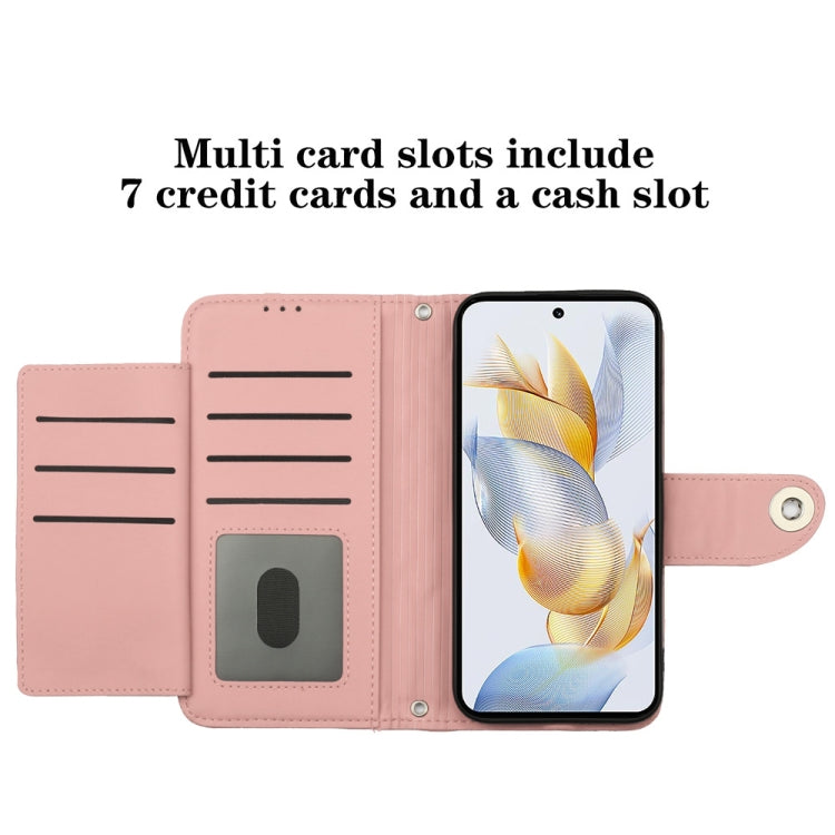 For Honor 90 Rhombic Texture Flip Leather Phone Case with Lanyard(Coral Pink)