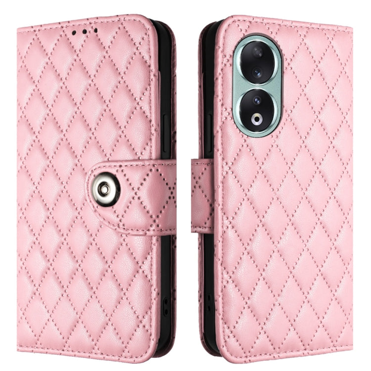 For Honor 90 Rhombic Texture Flip Leather Phone Case with Lanyard(Pink)