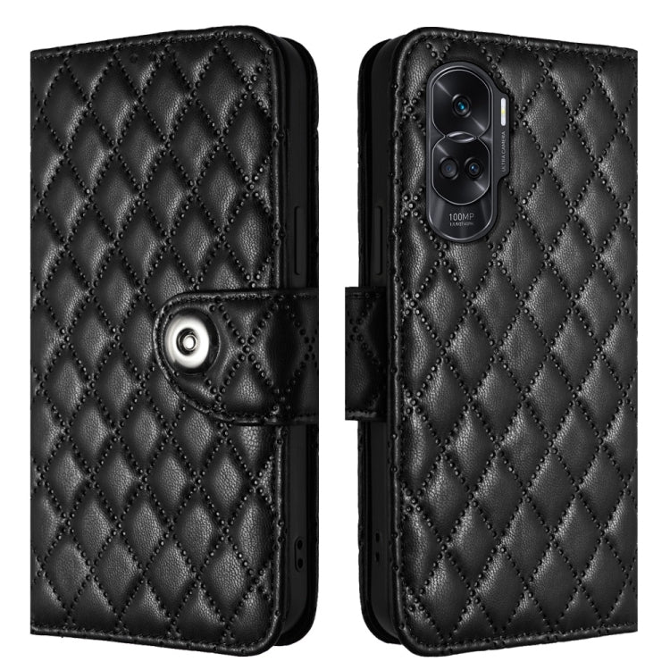 For Honor 90 Lite Rhombic Texture Flip Leather Phone Case with Lanyard(Black)