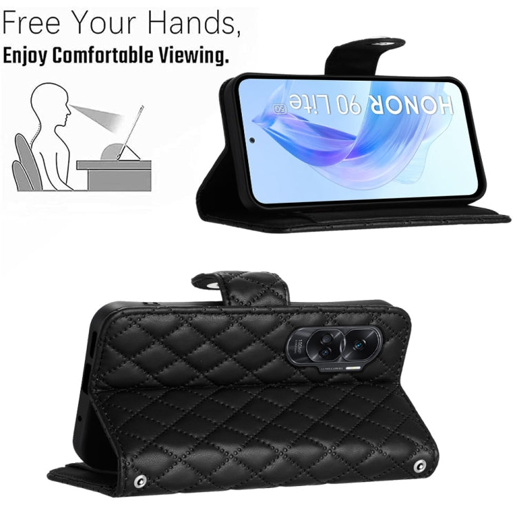 For Honor 90 Lite Rhombic Texture Flip Leather Phone Case with Lanyard(Black)