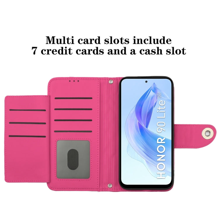 For Honor 90 Lite Rhombic Texture Flip Leather Phone Case with Lanyard(Rose Red)