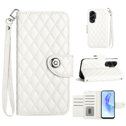For Honor 90 Lite Rhombic Texture Flip Leather Phone Case with Lanyard(White)