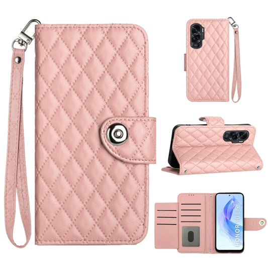 For Honor 90 Lite Rhombic Texture Flip Leather Phone Case with Lanyard(Coral Pink)