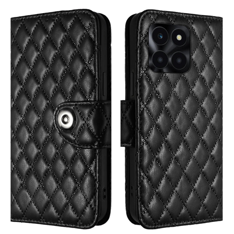 For Honor X6a Rhombic Texture Flip Leather Phone Case with Lanyard(Black)