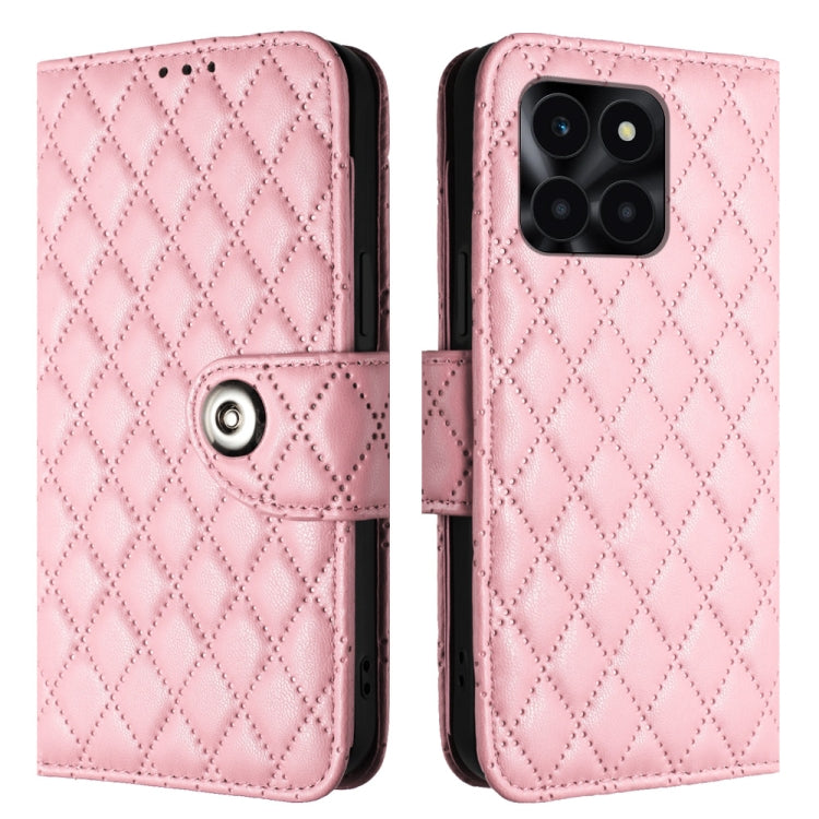 For Honor X6a Rhombic Texture Flip Leather Phone Case with Lanyard(Pink)