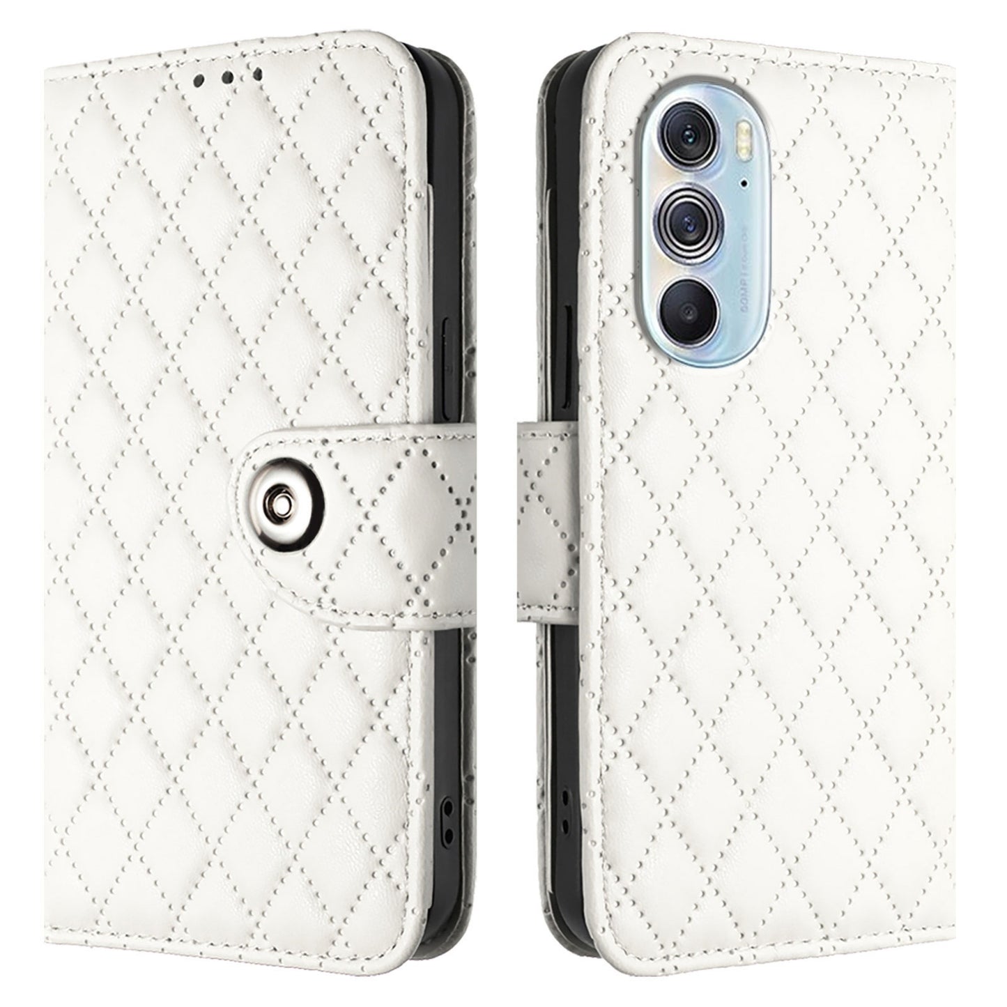 For Motorola Edge 30 Pro / Edge+ 2022 Rhombic Texture Flip Leather Phone Case with Lanyard(White)