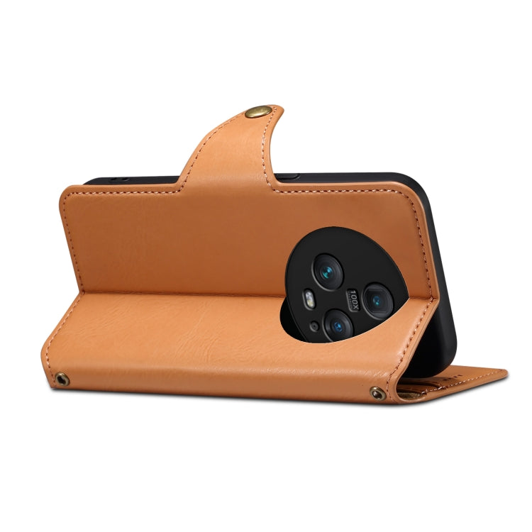 For Honor Magic5 Pro Denior Cowhide Texture Wallet Style Leather Phone Case(Khaki)