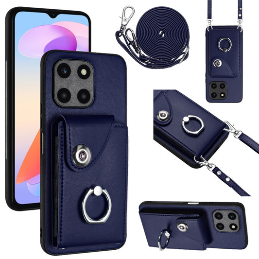 For Honor X6a Organ Card Bag Ring Holder Phone Case with Long Lanyard(Blue)