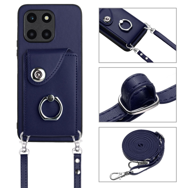 For Honor X6a Organ Card Bag Ring Holder Phone Case with Long Lanyard(Blue)