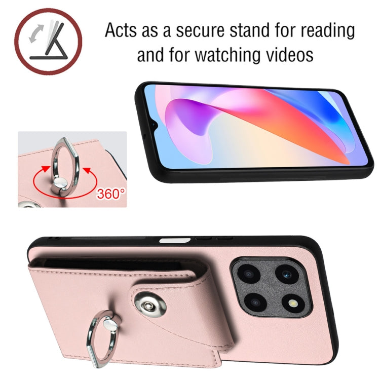 For Honor X6a Organ Card Bag Ring Holder Phone Case with Long Lanyard(Pink)