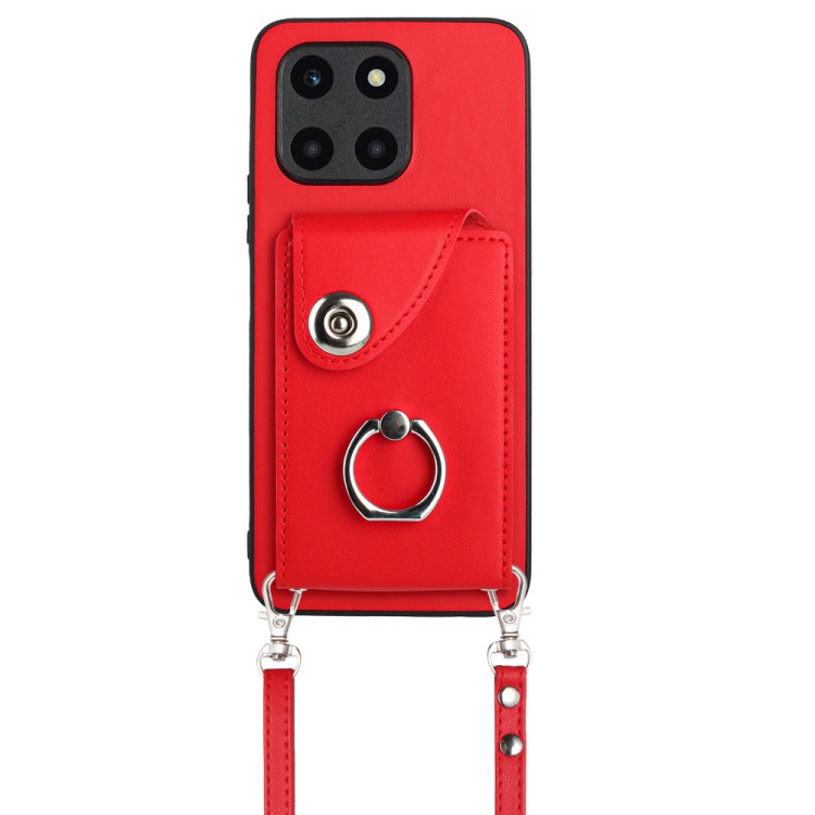 For Honor X6a Organ Card Bag Ring Holder Phone Case with Long Lanyard(Red)