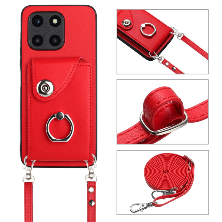 For Honor X6a Organ Card Bag Ring Holder Phone Case with Long Lanyard(Red)