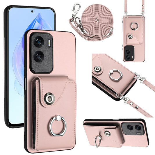 For Honor X50i / 90 Lite Organ Card Bag Ring Holder Phone Case with Long Lanyard(Pink)