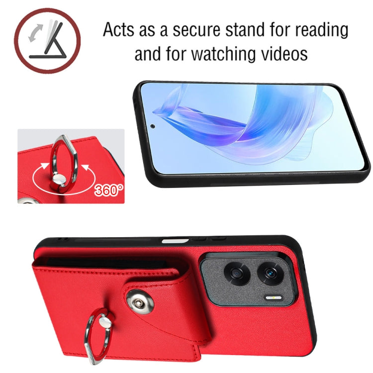 For Honor X50i / 90 Lite Organ Card Bag Ring Holder Phone Case with Long Lanyard(Red)