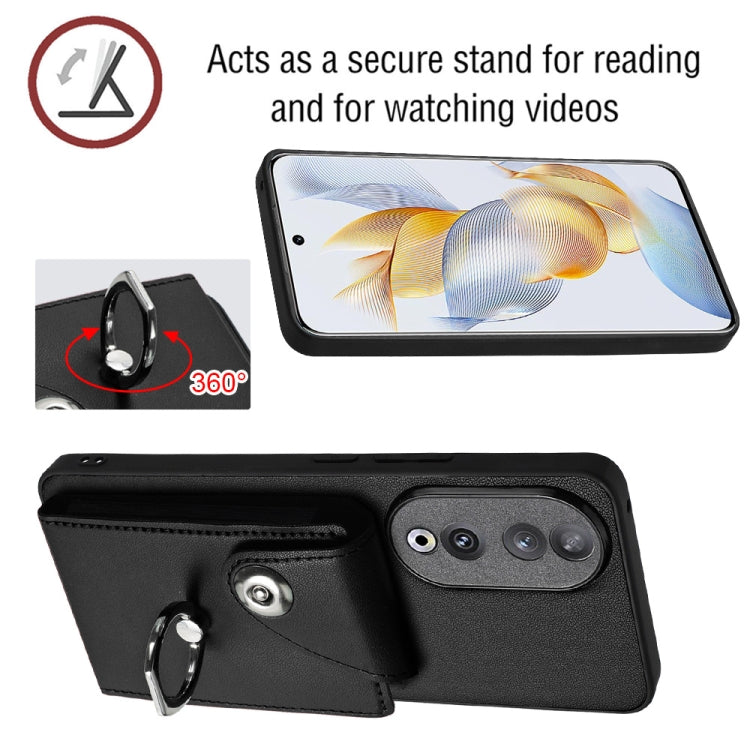 For Honor 90 Organ Card Bag Ring Holder Phone Case with Long Lanyard(Black)