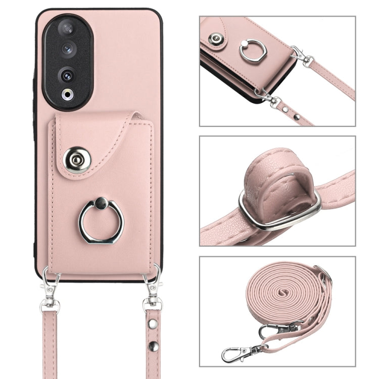 For Honor 90 Organ Card Bag Ring Holder Phone Case with Long Lanyard(Pink)
