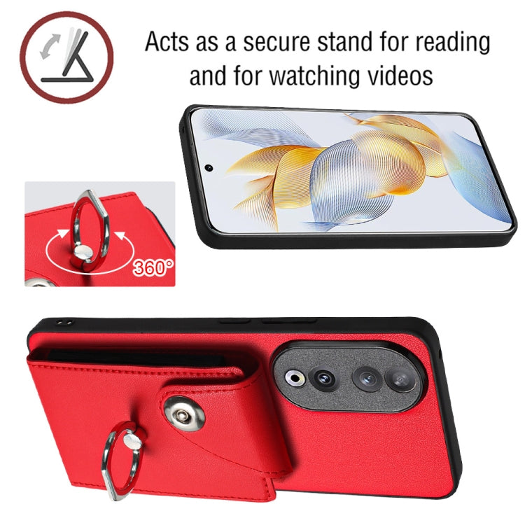 For Honor 90 Organ Card Bag Ring Holder Phone Case with Long Lanyard(Red)