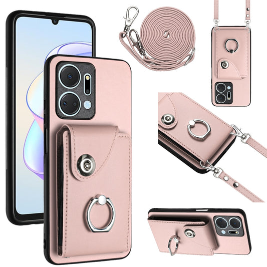 For Honor X7a / Play7T Organ Card Bag Ring Holder Phone Case with Long Lanyard(Pink)