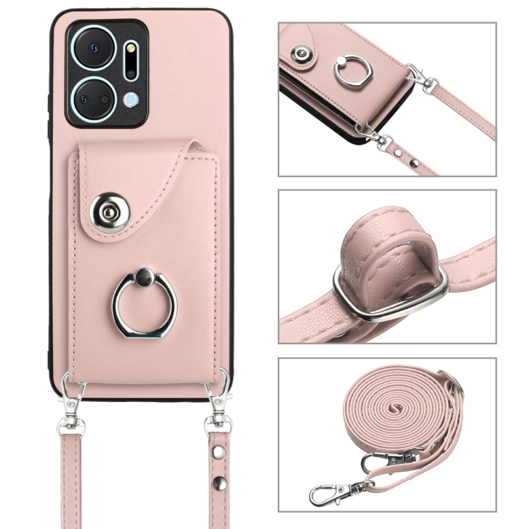 For Honor X7a / Play7T Organ Card Bag Ring Holder Phone Case with Long Lanyard(Pink)