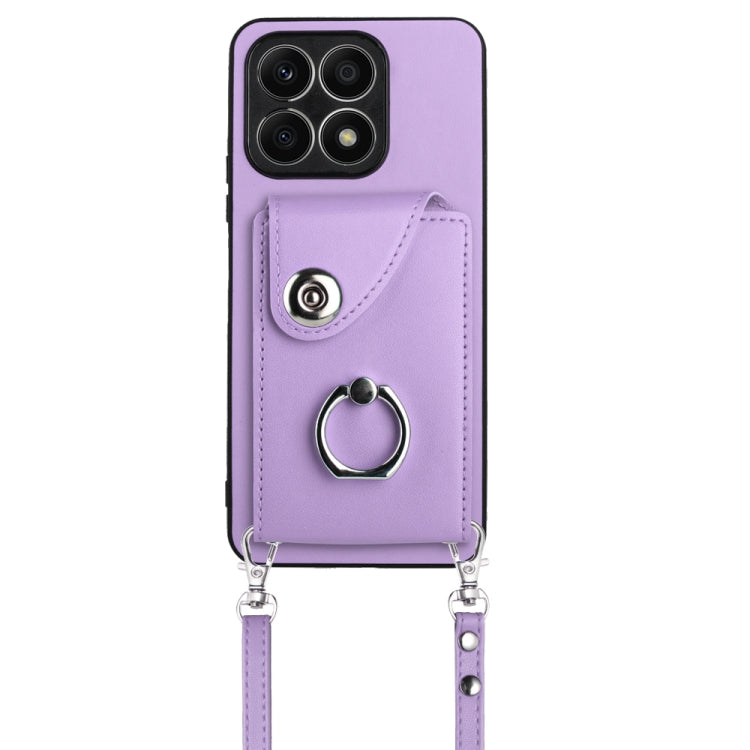 For Honor X8a Organ Card Bag Ring Holder Phone Case with Long Lanyard(Purple)