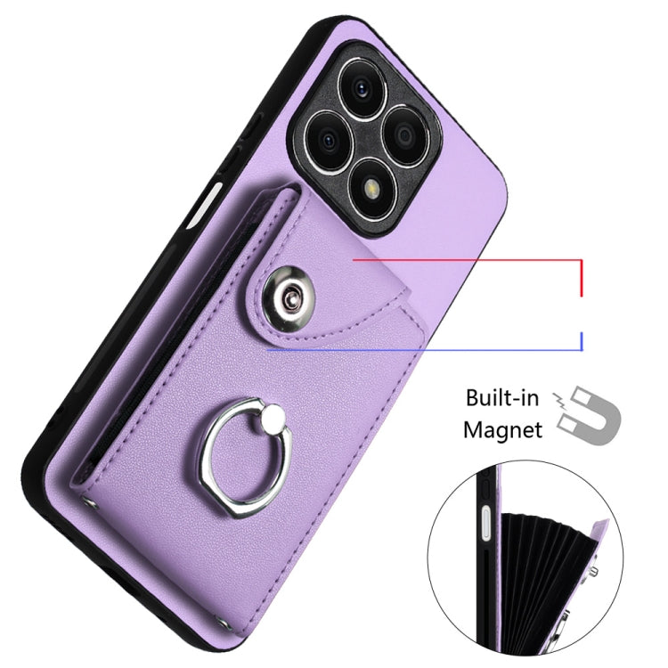 For Honor X8a Organ Card Bag Ring Holder Phone Case with Long Lanyard(Purple)