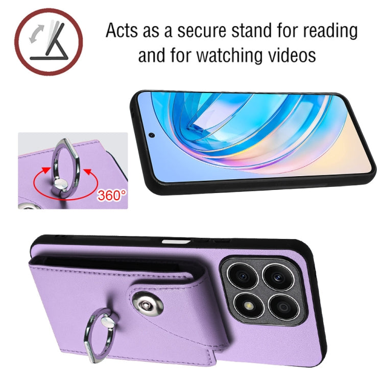 For Honor X8a Organ Card Bag Ring Holder Phone Case with Long Lanyard(Purple)