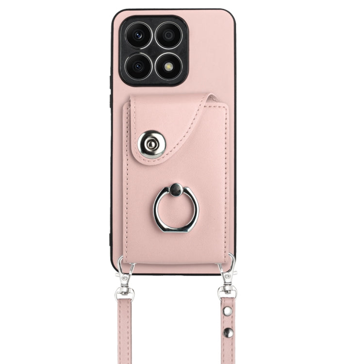 For Honor X8a Organ Card Bag Ring Holder Phone Case with Long Lanyard(Pink)