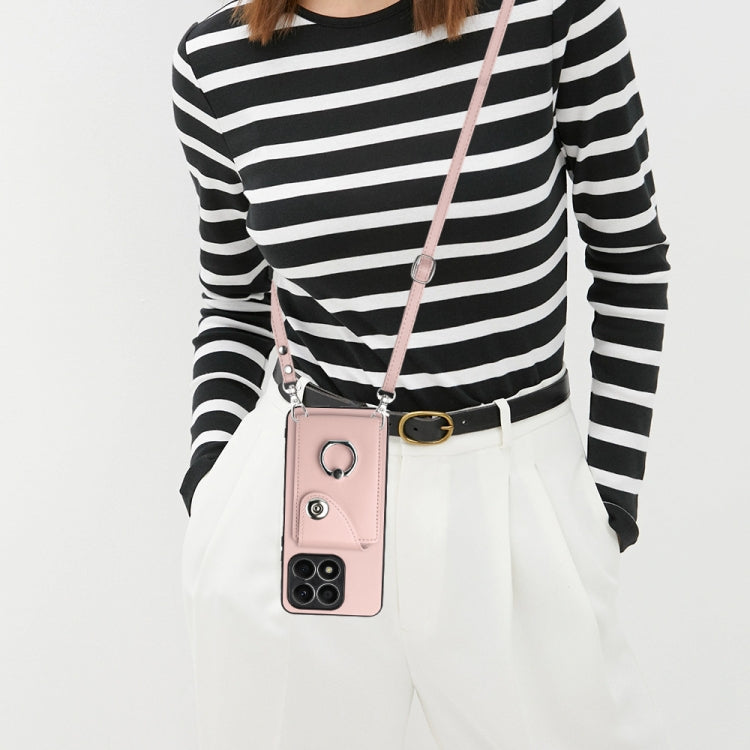 For Honor X8a Organ Card Bag Ring Holder Phone Case with Long Lanyard(Pink)
