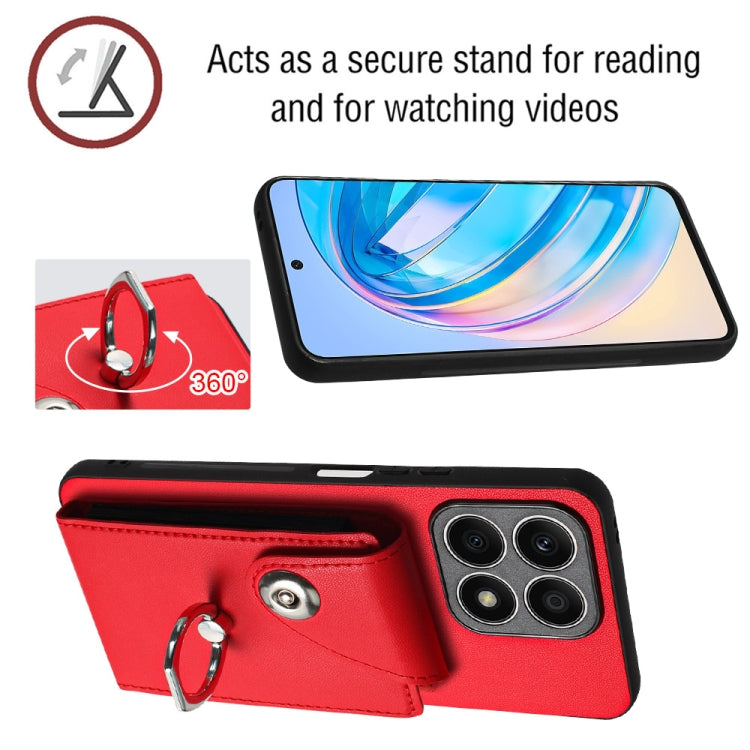 For Honor X8a Organ Card Bag Ring Holder Phone Case with Long Lanyard(Red)