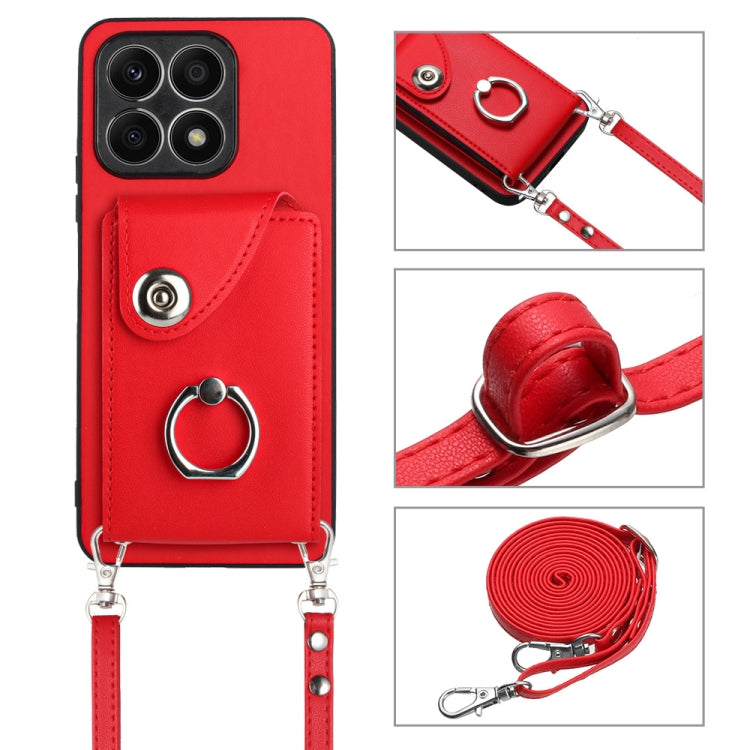 For Honor X8a Organ Card Bag Ring Holder Phone Case with Long Lanyard(Red)