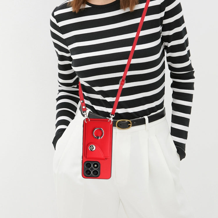 For Honor X8a Organ Card Bag Ring Holder Phone Case with Long Lanyard(Red)