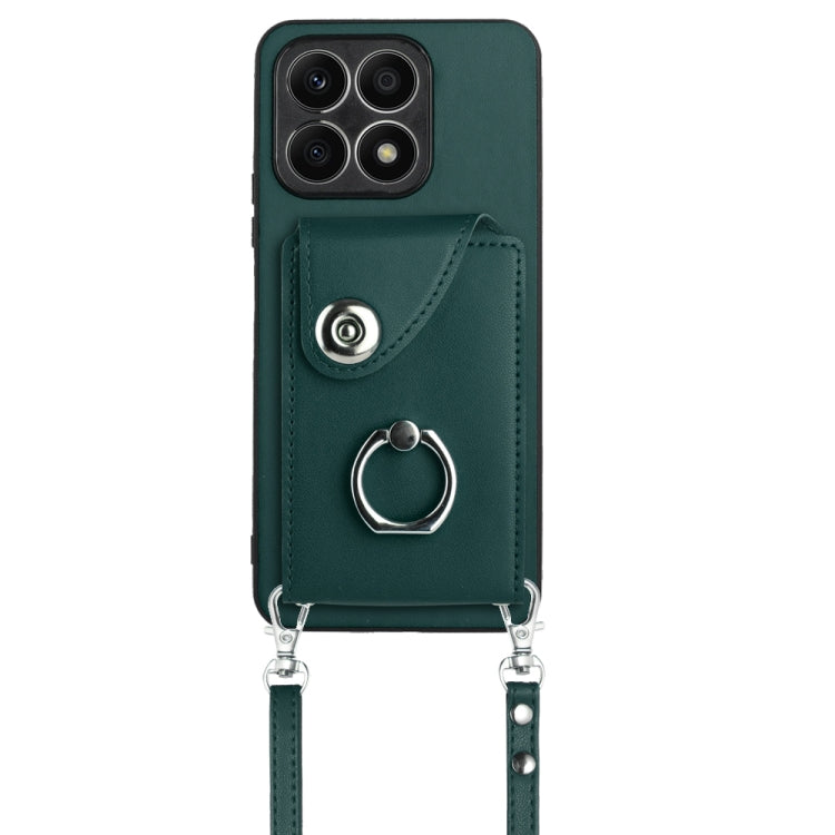 For Honor X8a Organ Card Bag Ring Holder Phone Case with Long Lanyard(Green)
