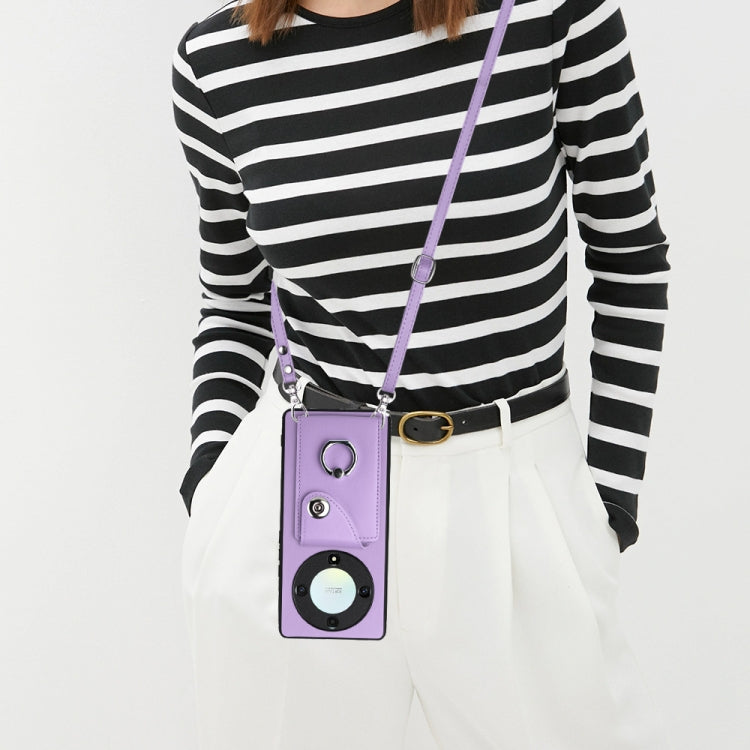 For Honor X9a / Magic5 Lite Organ Card Bag Ring Holder Phone Case with Long Lanyard(Purple)