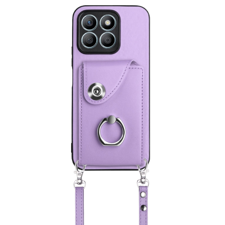 For Honor X8b 4G Organ Card Bag Ring Holder Phone Case with Long Lanyard(Purple)