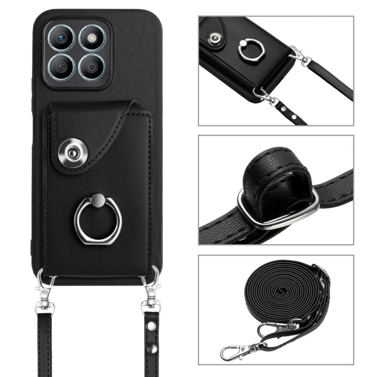 For Honor X8b 4G Organ Card Bag Ring Holder Phone Case with Long Lanyard(Black)