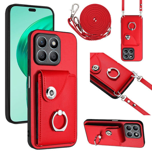 For Honor X8b 4G Organ Card Bag Ring Holder Phone Case with Long Lanyard(Red)