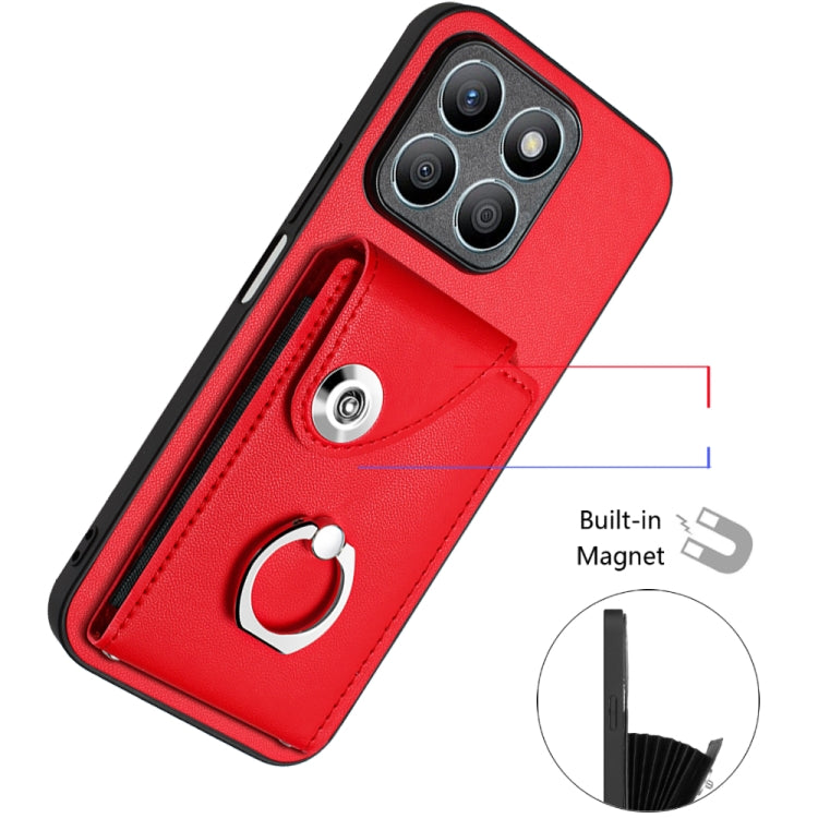For Honor X8b 4G Organ Card Bag Ring Holder Phone Case with Long Lanyard(Red)