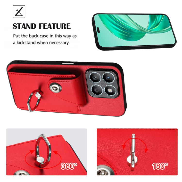 For Honor X8b 4G Organ Card Bag Ring Holder Phone Case with Long Lanyard(Red)