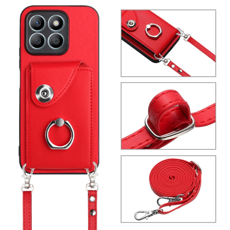 For Honor X8b 4G Organ Card Bag Ring Holder Phone Case with Long Lanyard(Red)