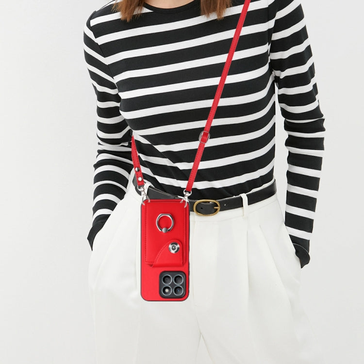 For Honor X8b 4G Organ Card Bag Ring Holder Phone Case with Long Lanyard(Red)