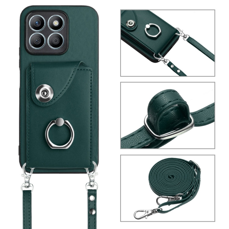 For Honor X8b 4G Organ Card Bag Ring Holder Phone Case with Long Lanyard(Green)