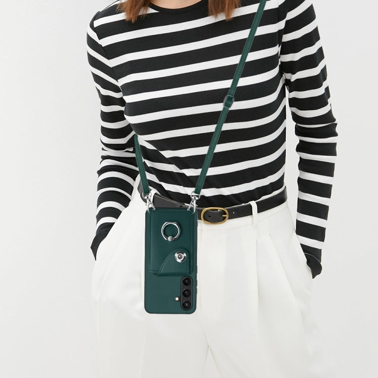For Samsung Galaxy S24 5G Organ Card Bag Ring Holder Phone Case with Long Lanyard(Green)