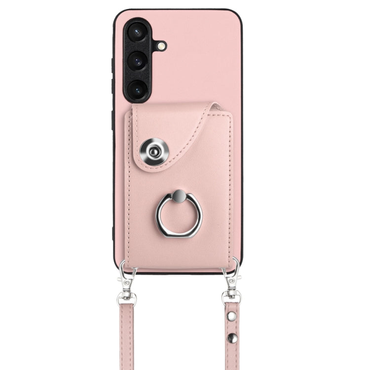 For Samsung Galaxy S24 5G Organ Card Bag Ring Holder Phone Case with Long Lanyard(Pink)
