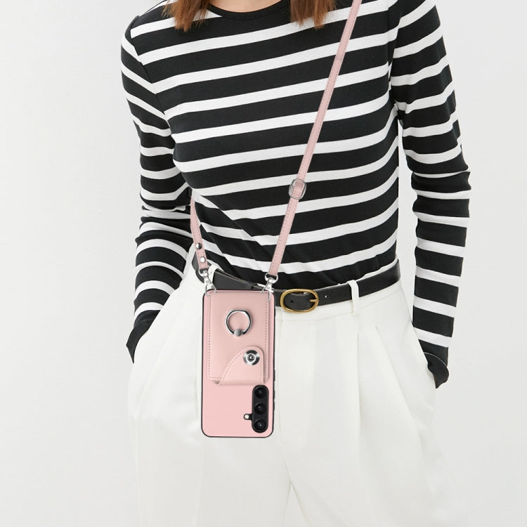 For Samsung Galaxy S24 5G Organ Card Bag Ring Holder Phone Case with Long Lanyard(Pink)