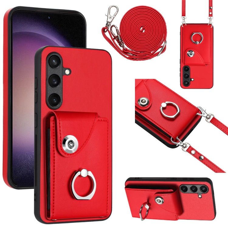 For Samsung Galaxy S24 5G Organ Card Bag Ring Holder Phone Case with Long Lanyard(Red)