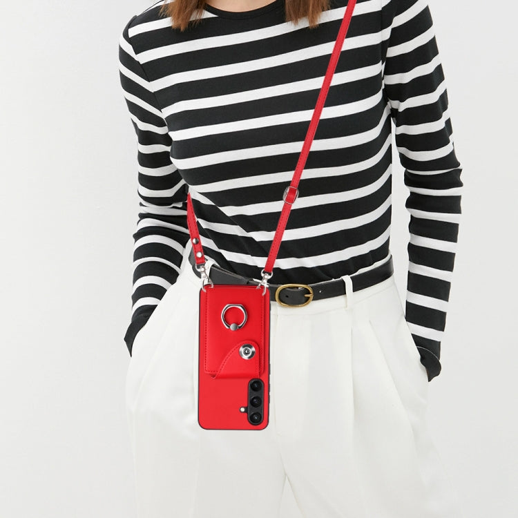 For Samsung Galaxy S24 5G Organ Card Bag Ring Holder Phone Case with Long Lanyard(Red)