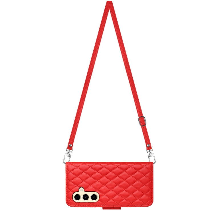 For Samsung Galaxy S24 5G Rhombic Texture Flip Leather Phone Case with Long Lanyard(Red)